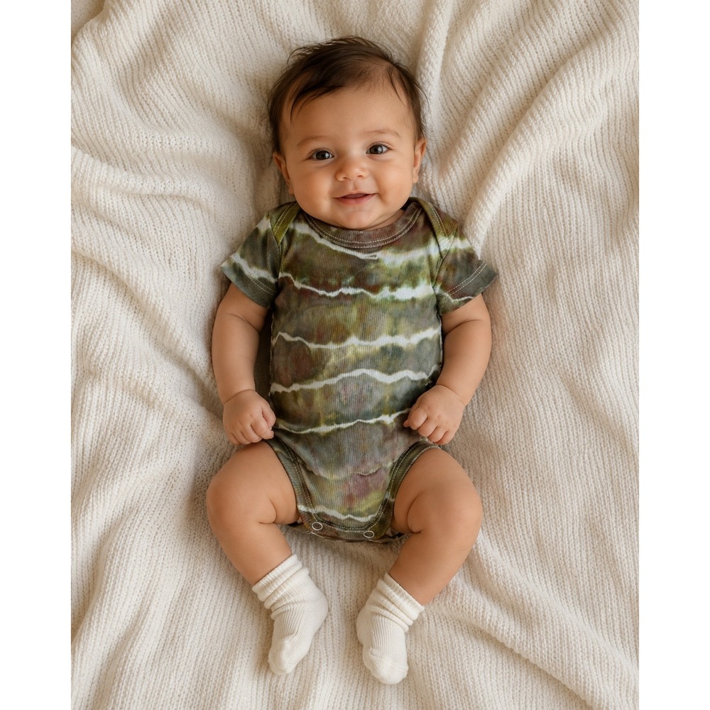 Custom Nordstrom Bodysuit Kids NB Green Tie Dye Ribbed‎ Short Sleeve Snaps OOAK